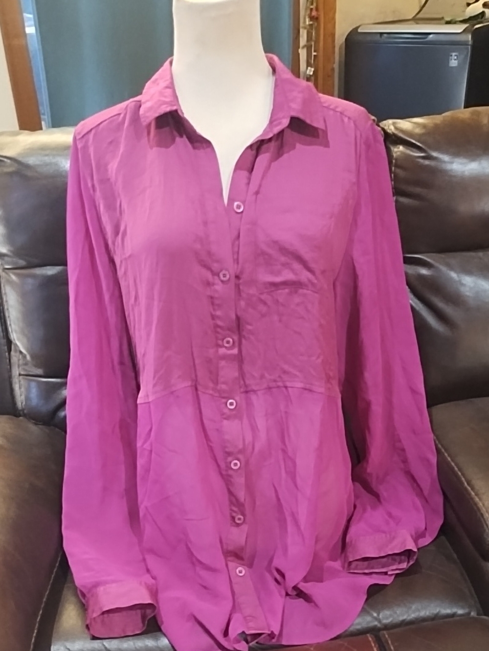 Free People Button-Front Long Sleeve Shirt in Bright Magenta